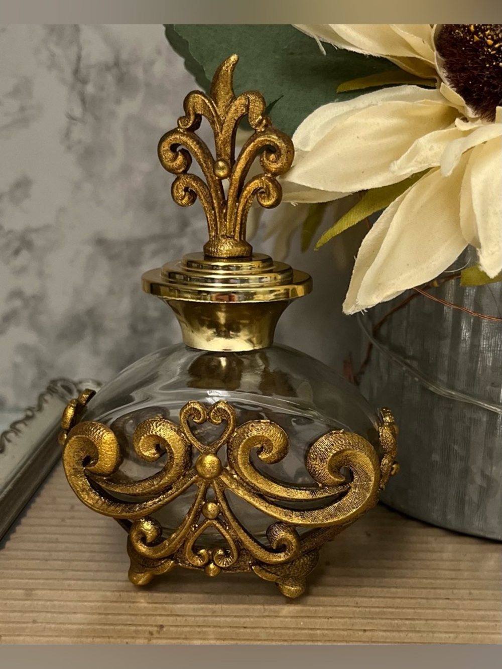 Vintage Gold Ormolu Perfume Bottle Hollywood Regency Heart Filigree Vanity Decor